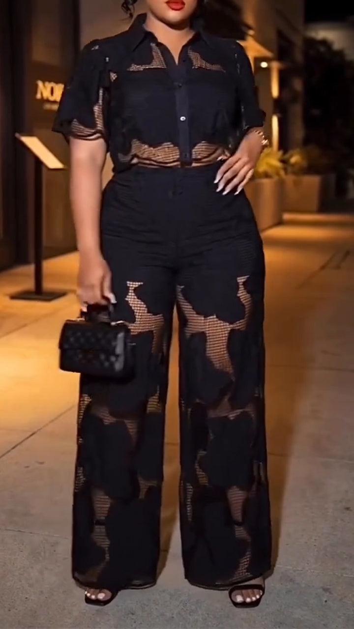 Womens Lapel Patchwork Hollow-Out Casual Suit