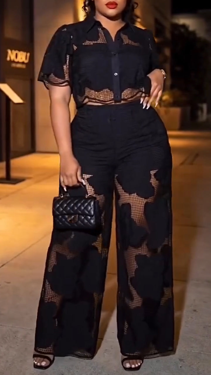 Womens Lapel Patchwork Hollow-Out Casual Suit