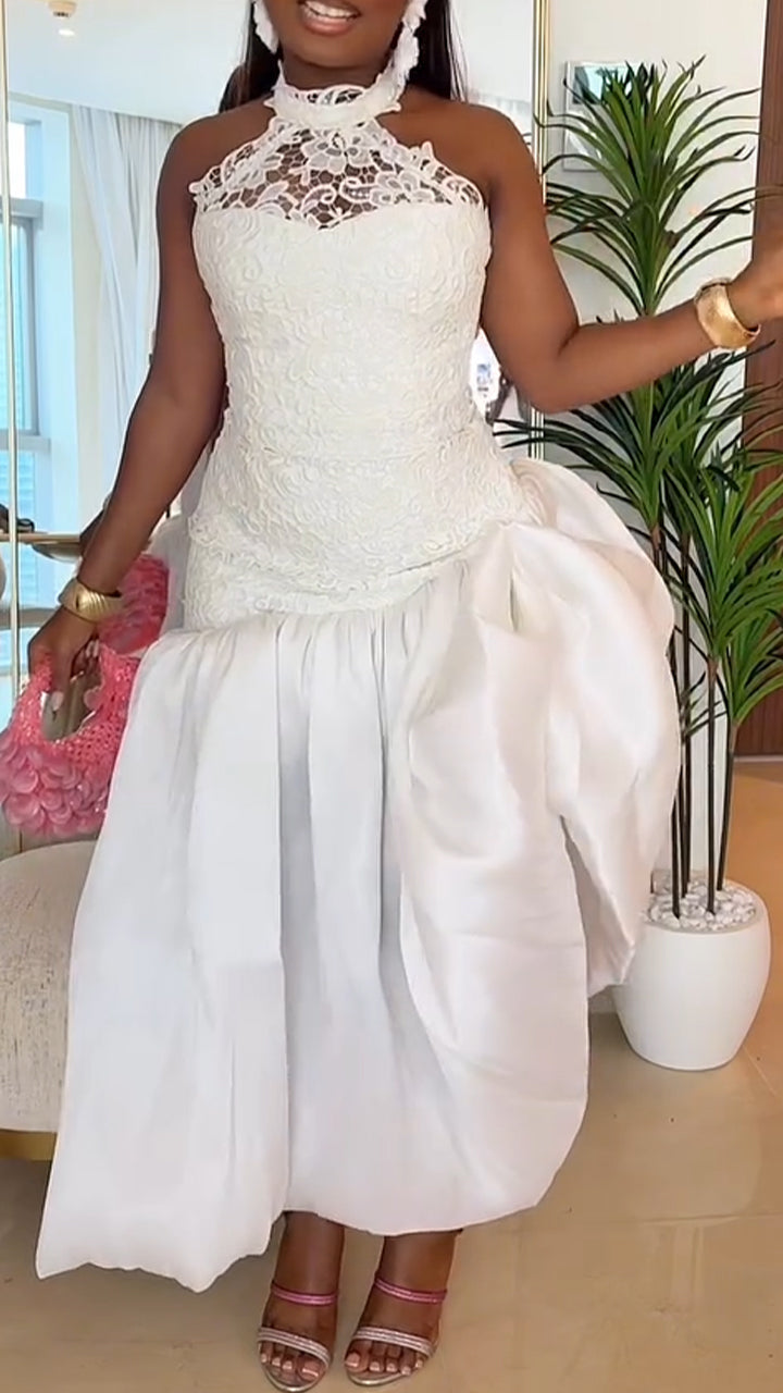 Women Neck Hanging Lace Patchwork Elegant Temperament Dress