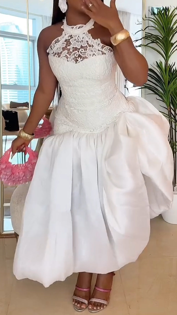 Women Neck Hanging Lace Patchwork Elegant Temperament Dress