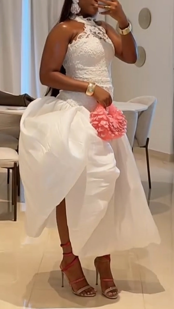 Women Neck Hanging Lace Patchwork Elegant Temperament Dress