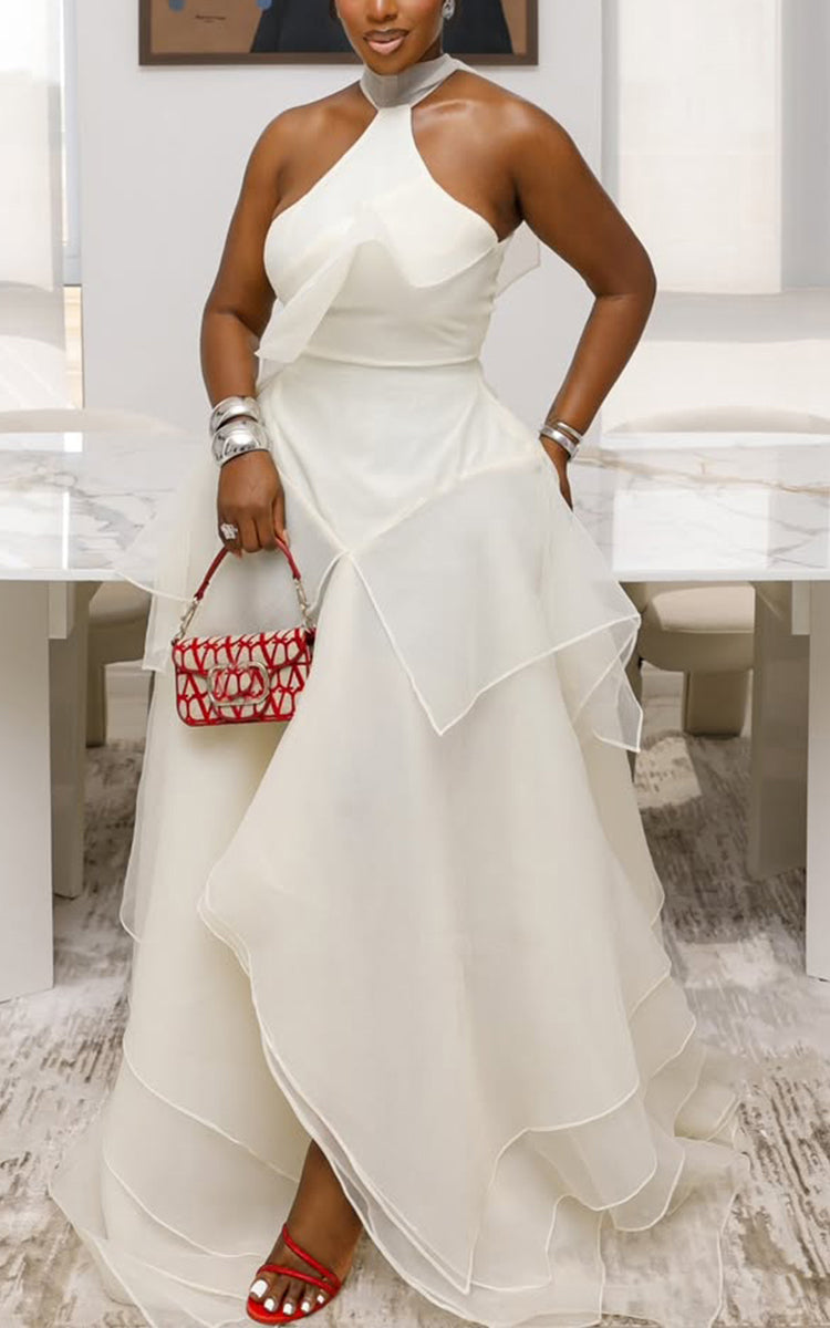 Women Neck Hanging Patchwork Mesh Elegant Temperament Dress