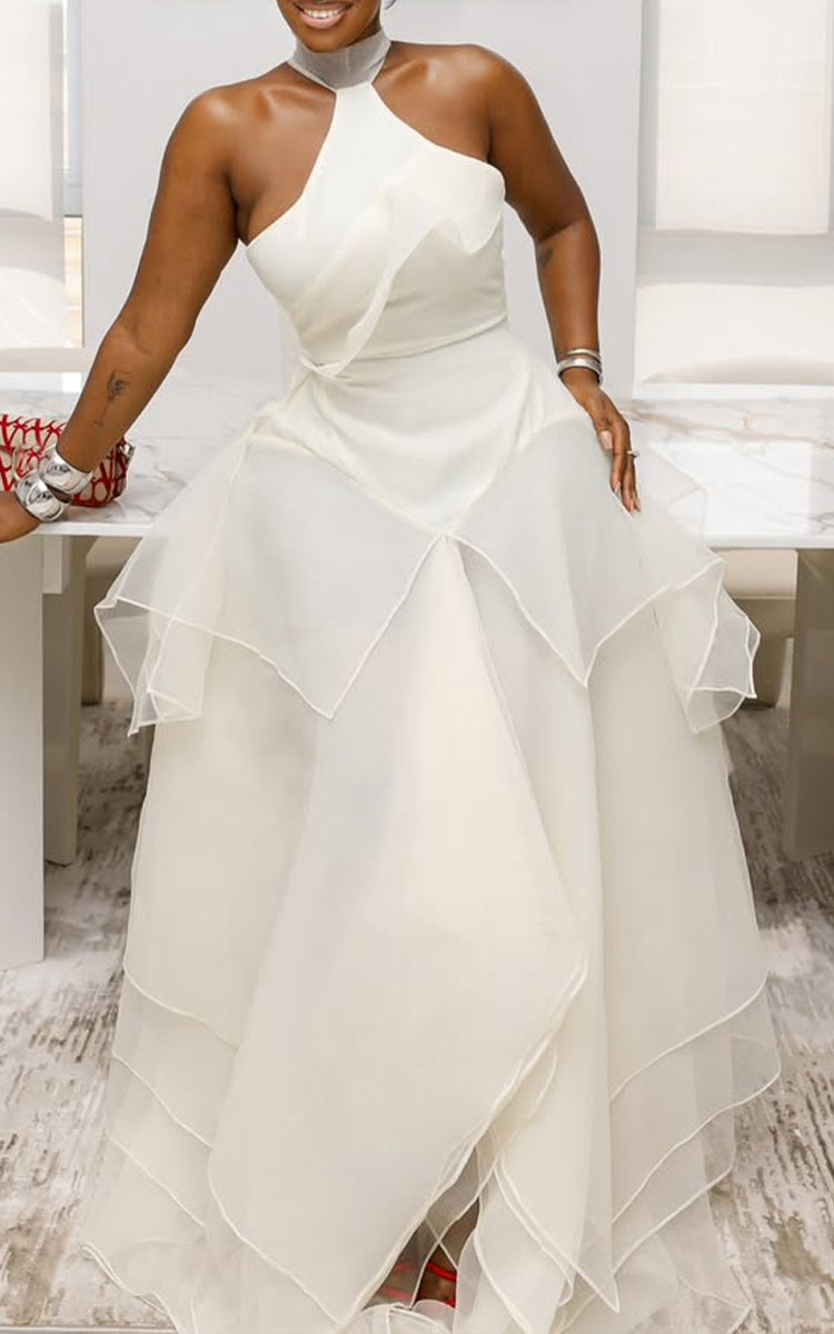 Women Neck Hanging Patchwork Mesh Elegant Temperament Dress