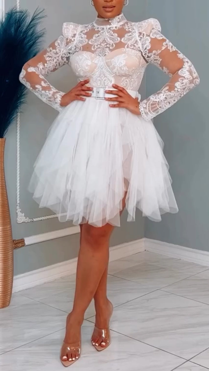 Women Round Neck Lace Print Patchwork Mesh Elegant Temperament Dress