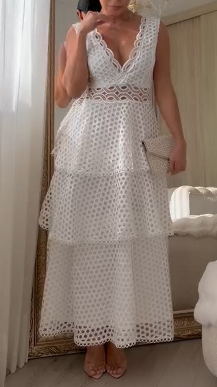 Women Deep V-neck Patchwork Hollow Elegant Temperament Dress